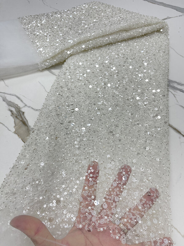 PGC gaun malam renda manik-manik perak berat dengan manik-manik untuk gaun pengantin gaun malam mewah renda Prancis 5 yard
