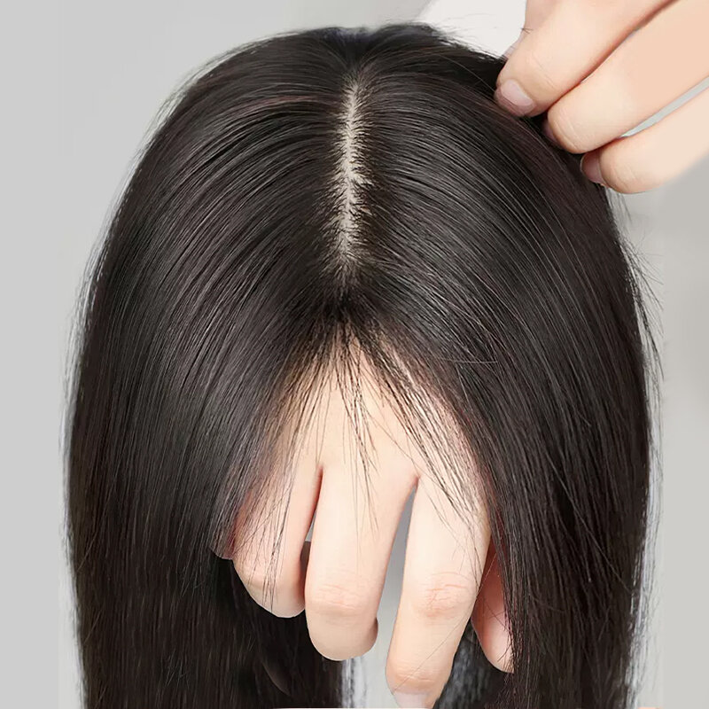 Topper de couro cabeludo com Franja para mulheres, Remy 100% real, cabelo humano natural, cabelo fino, 9x13cm, 25cm, 30cm