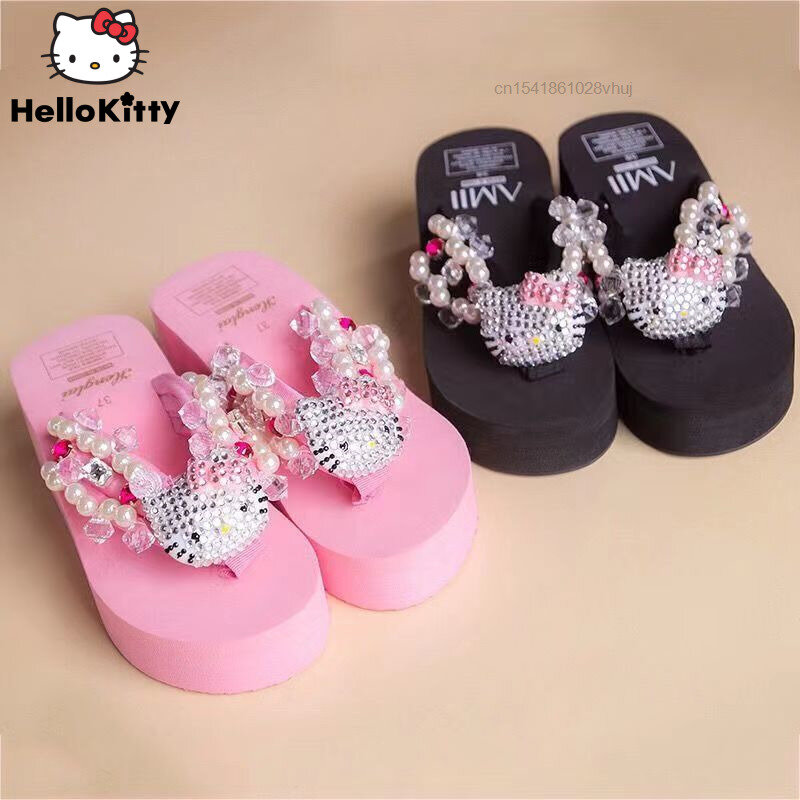 Sanrio-Sandalias suaves de Hello Kitty para mujer, Chanclas de playa Y2k, zapatos informales Kawaii con cuña y tacón alto, zapatillas de plataforma