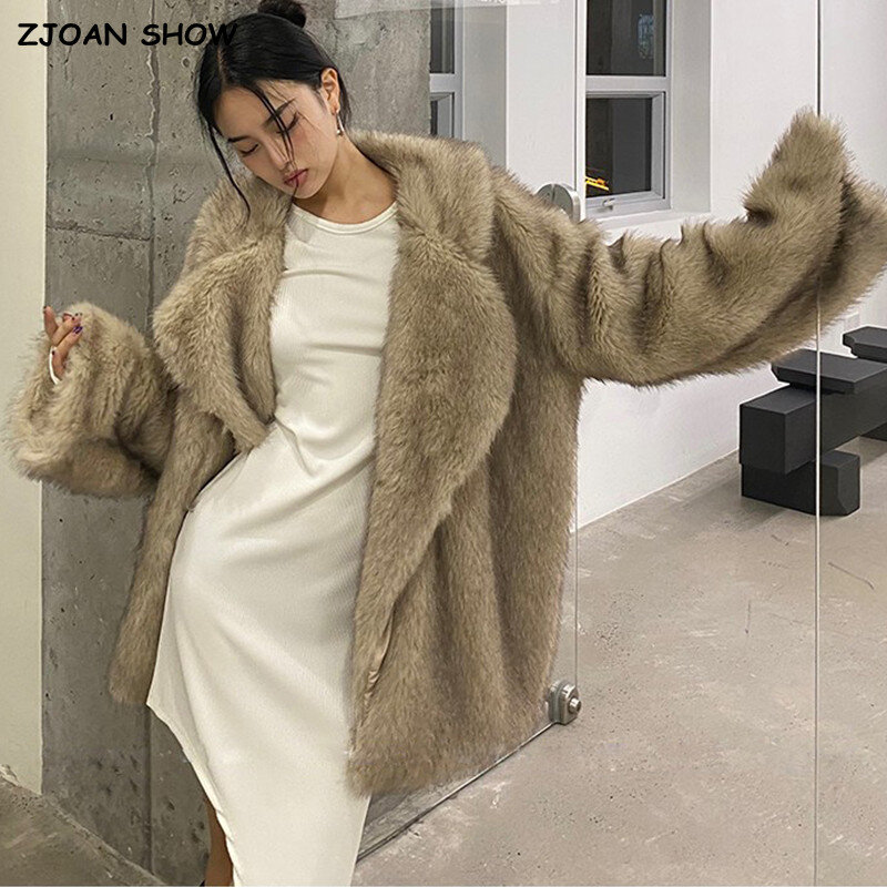 HIGH QUALITY Winter Large Lapel Fur Coat Long sleeve Warm Shaggy Faux Fur Jacket Loose Coat Contrast color Tips