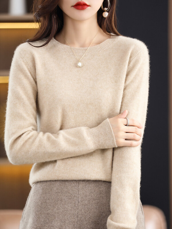 Женский пуловер из кашемира, с круглым вырезом и длинным рукавом