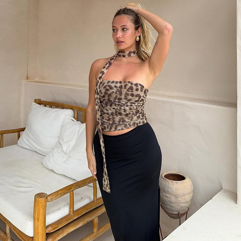 Leopard Print Hotsexy Tube Top For Women Off-Shoulder Slim Sleeveless Coquette Top Aesthetic See Through Halterneck Outfits