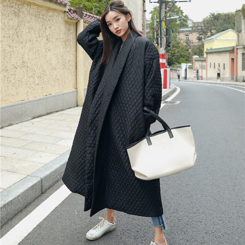 Nowy cienki stylowy na ulicy czarny Oversize klapa zapinany na tylny guzik 2024 damski płaszcz długa z bawełny Jaqueta Feminina