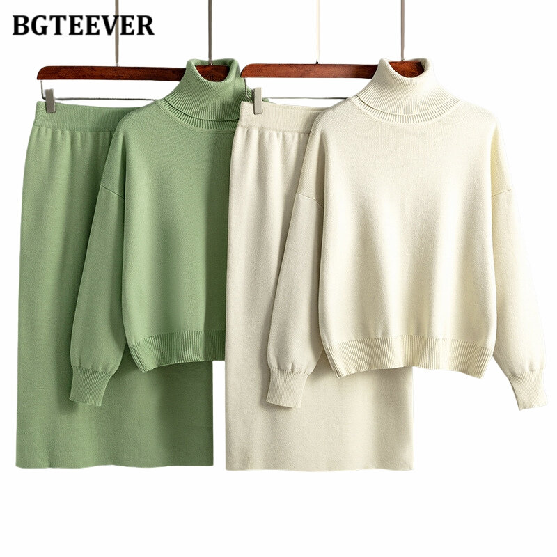 BGTEEVER-Conjunto de saia de malha casual feminino, roupas femininas, pulôveres de gola alta, saia feminina de quadril, suéter outono e inverno