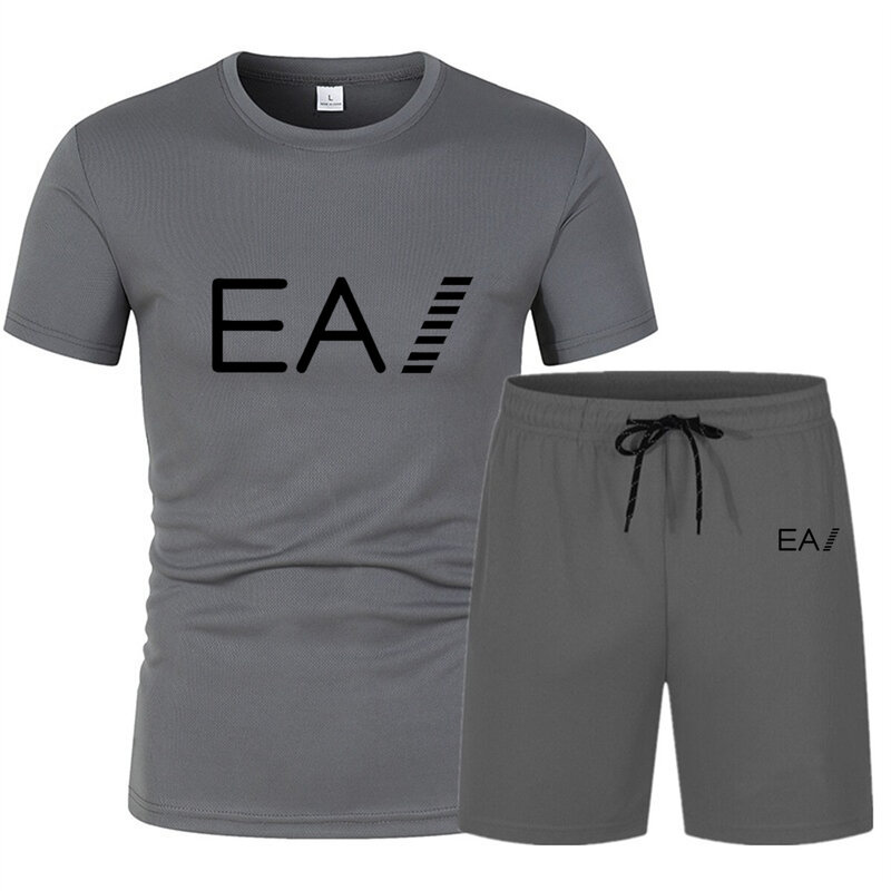 Men's new summer letter EA1 printed short sleeved and shorts two-piece set, fashionable casual breathable sports set