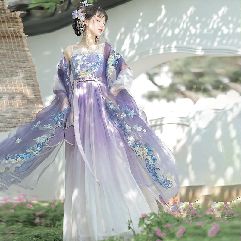 Hanfu rok Cheoko wanita, baju lengan besar potongan penuh peri harian Han Ke Zi