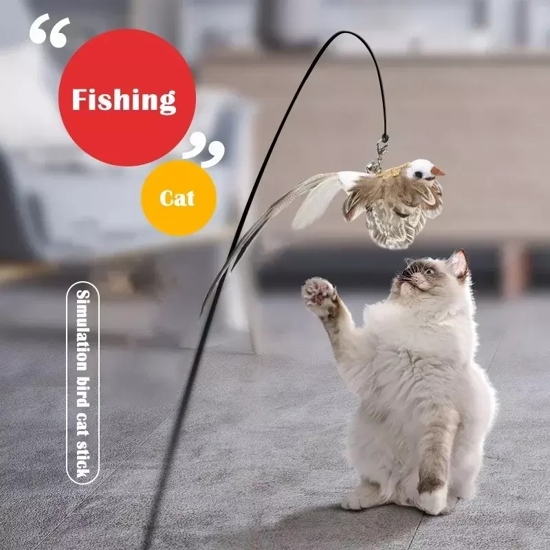 Mainan Kucing Interaktif Burung Simulasi Burung Bulu Lucu dengan Bel Kucing Tongkat Mainan untuk Anak Kucing Bermain Tongkat Mainan Penggoda Perlengkapan Kucing