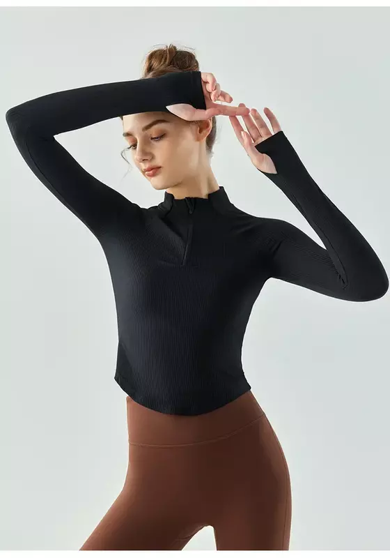 Осенне-зимняя одежда для йоги с длинными рукавами женское облегающее спортивное пальто с воротником-стойкой и полумолнией быстросохнущая одежда для фитнеса