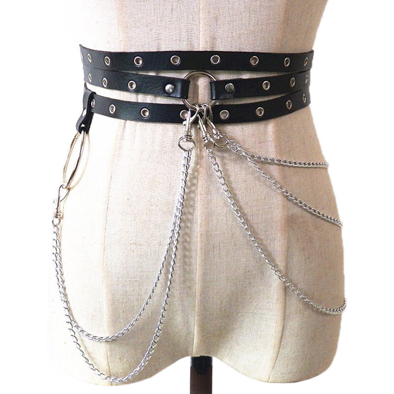 Sexy Pub Female Leather Skirt Belts Punk Gothic Rock Harness Waist Metal Chain Body Bondage Hollow Belt Accessories for Lady