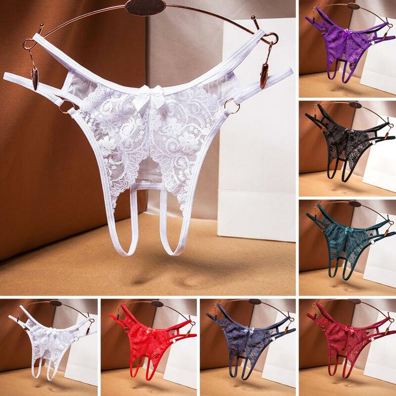 Sexy Lace Panties See-through Embroidery Flower Thong Metal Ring Bowknot Decor Opening Crotch Low-rise Briefs