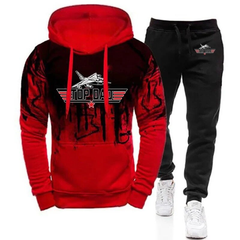 TOP DAD TOP GUN Movie 2024 Men's Fashion Print Comfortable Hooded Pullover Hoodie + Trouser New Gradient Color Two-piece Suits
