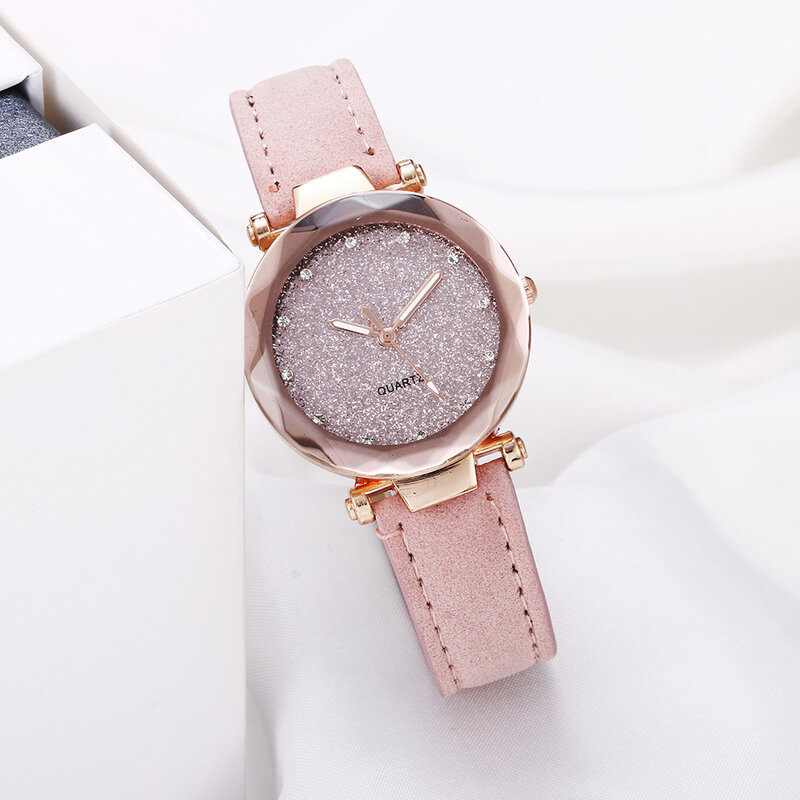 Wajah bulat berlian imitasi bintang langit Perak Pink wanita untuk jam tangan rekreasi mode tren Frosted sabuk Vintage hitam kuarsa jam tangan
