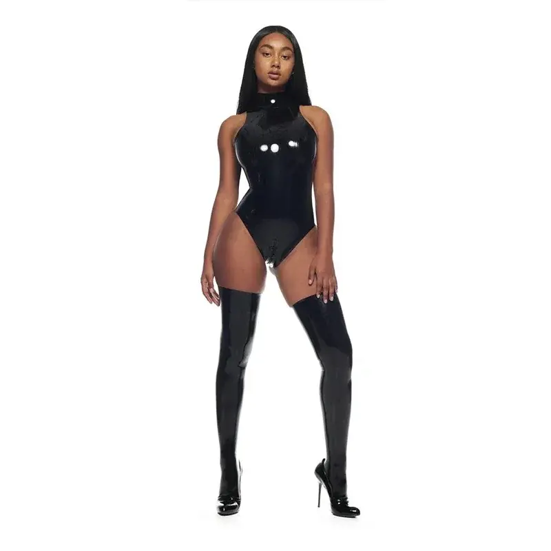 Bodysuit lateks imitasi tanpa lengan seksi bodysuit kulit paten tampilan basah wanita Bodycon PU melar leher tinggi Bodycon pakaian klub baru