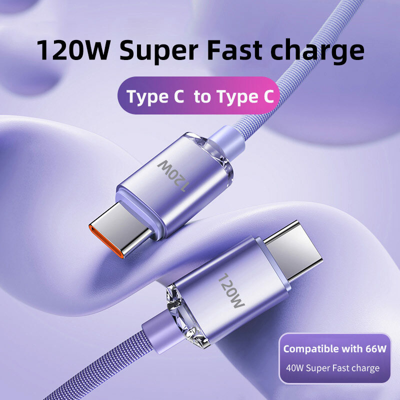 Cabo tipo C para tipo C para celular, cabo USB de carga rápida, cabos rápidos do carregador de dados, iPhone 15, Xiaomi, Oneplus, 7A, 120W
