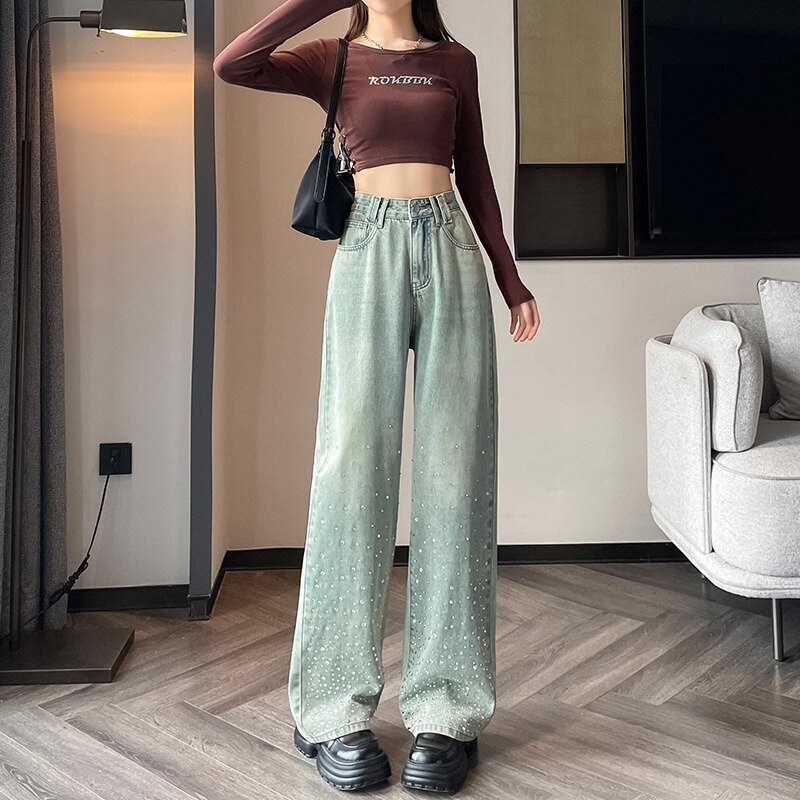 Celana jins longgar wanita, Jeans gaya Korea pinggang tinggi kaki lurus panjang penuh ramping tipis kasual serbaguna Musim Panas 2024