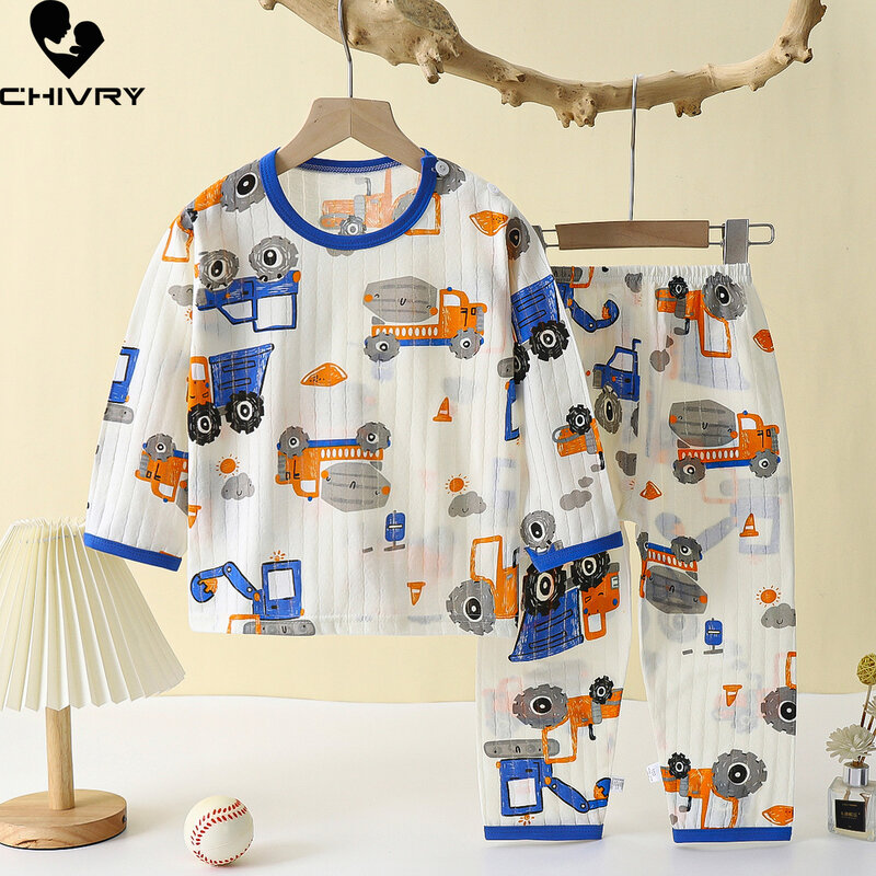 Pijama fino de manga comprida infantil, tops de desenhos animados com calças, conjuntos de roupas de dormir de bebê, novo, primavera e verão