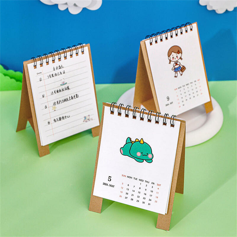 Mini Calendário com Menina Bonito dos Desenhos Animados, Panda e Dinossauro, Planejador Diário, Organizador de Agenda Anual, Material de Escritório, 2024