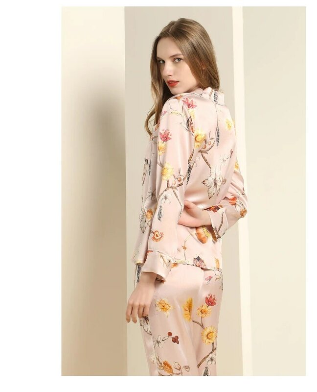 Birdtree-100 % Conjunto de pijama de seda real para mulheres, lapela, manga comprida, calça, casual, respirável, conforto, loungewear suave, outono, S41440QD
