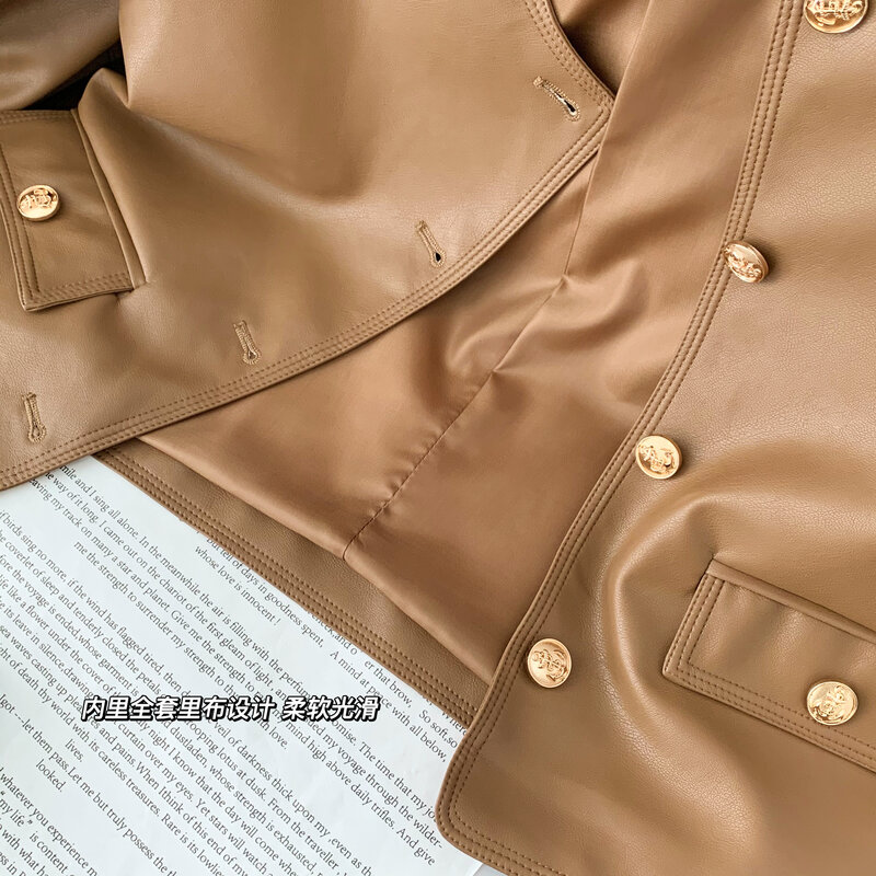 معطف من الجلد عالي الجودة للسيدات ، ملابس الشارع الأمريكية ، بني ، تصميم جديد ، أنيق بسيط ، على الطراز الكوري ، Y2K ، 2023