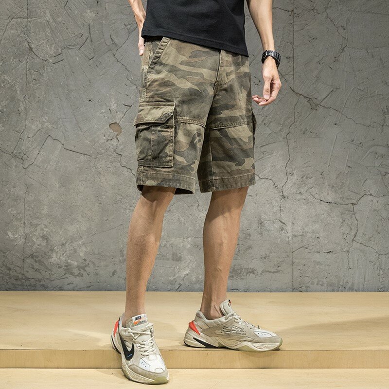 2024 Summer Men's Casual Cotton Cargo Shorts Long Length Multi Pocket Capri Trousers Male  Camouflage Short Size E15