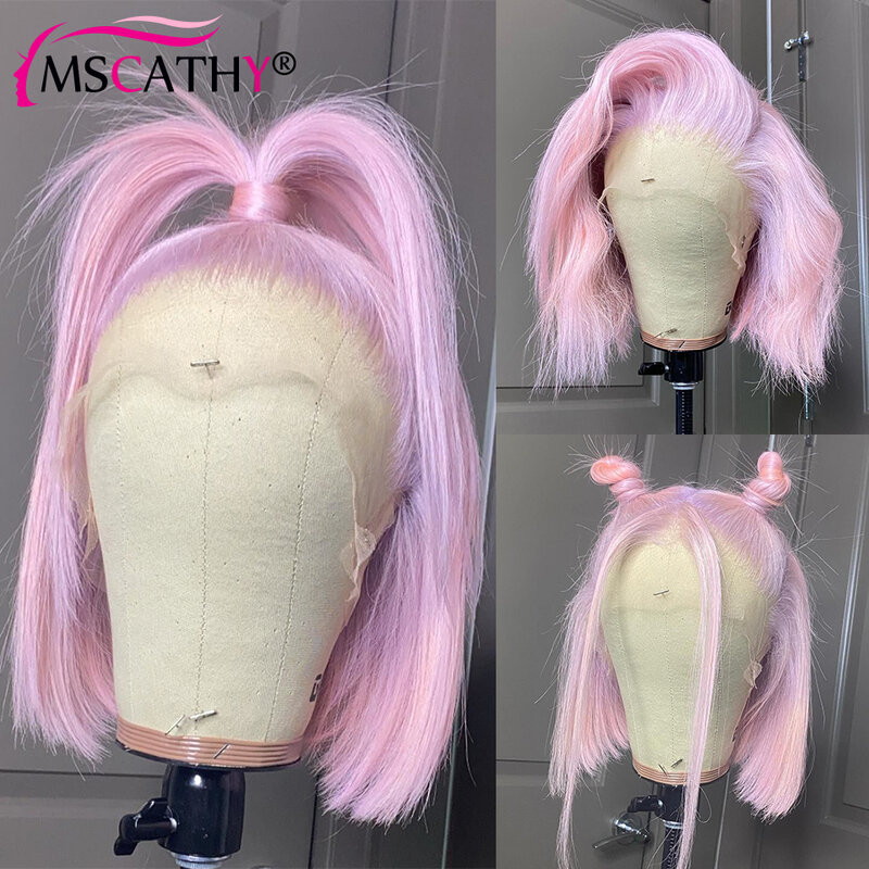 Pelucas frontales de encaje de color rosa claro para mujer, cabello virgen brasileño verde menta, Bob, platino, HD, encaje transparente, Fontal