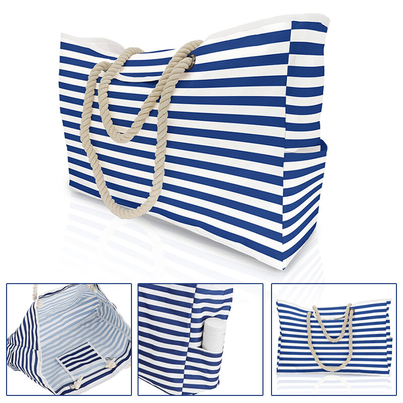 Extra Large Beach Bags for Women Striped Waterproof Sandproof Lightweight Durable Shoulder Tote Bag with Zipper Swim Pool Bag