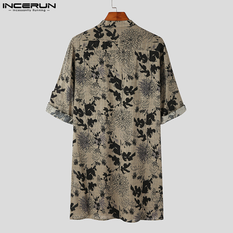 Stylish Muslim Style Tops INCERUN Shirts Robe Men's Floral Print Three Color Standing Neck Mid length Medium Sleeve Blouse S-5XL