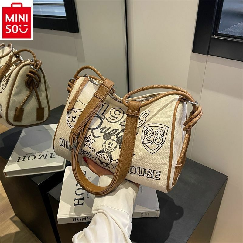 MINISO Canvas Bag women's 2024 New Cartoon Mickey Pillow Bag borsa a tracolla monospalla di grande capacità