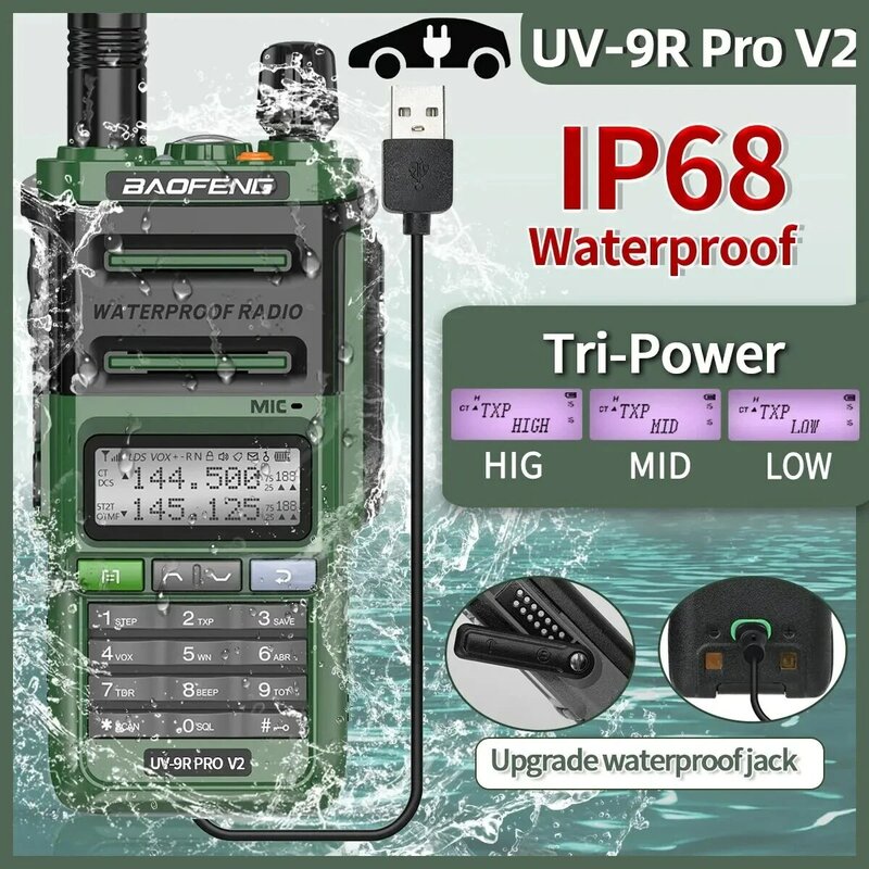 جهاز اتصال لاسلكي مقاوم للماء Baofeng uvu 9R Pro ، راديو ثنائي النطاق Ham CB ، راديو ثنائي الاتجاه ، شاحن ثلاثي الطاقة من النوع C ، V2 ، IP68