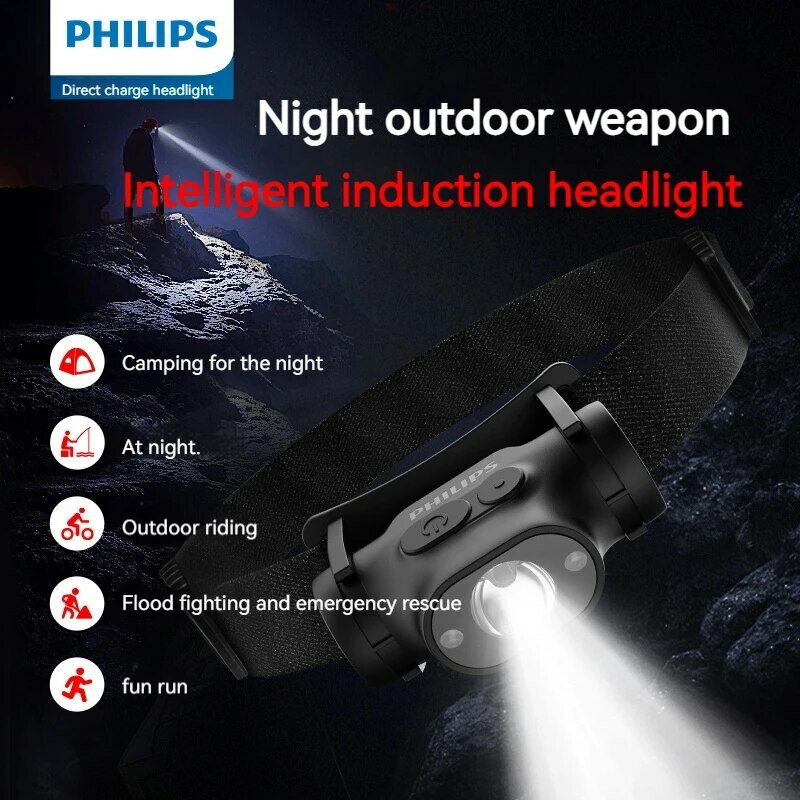 Philips ไฟหน้า LED แบบมีเซ็นเซอร์, ไฟฉายคาดศีรษะแบบชาร์จไฟได้ Type-C โคมไฟกลางแจ้งตั้งแคมป์ตกปลา