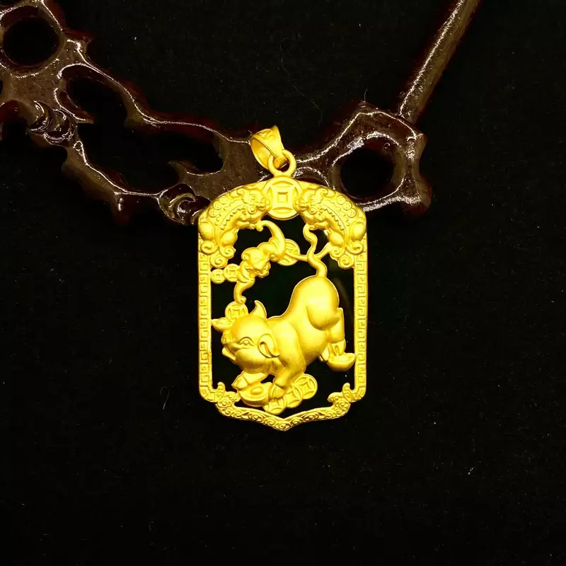 Gold-plated Hotan Moyu Zodiac Plated 100% Real Gold 24k 999 Pendant Gold-inlaid Jade Square Pendant For Men Pure 18K Gold Jewelr