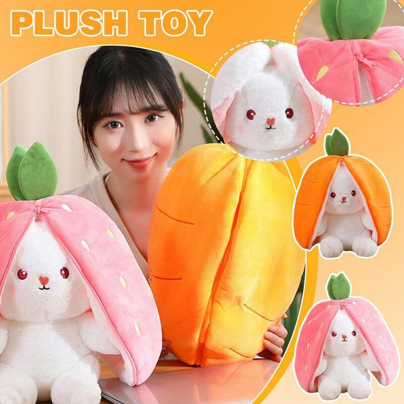 Carrot Rabbit Plush Pillow Reversible Carrot Strawberry Bunny Plush Doll 18cm with Zipper Cute Soft Rabbit Toys Gifts for Kids