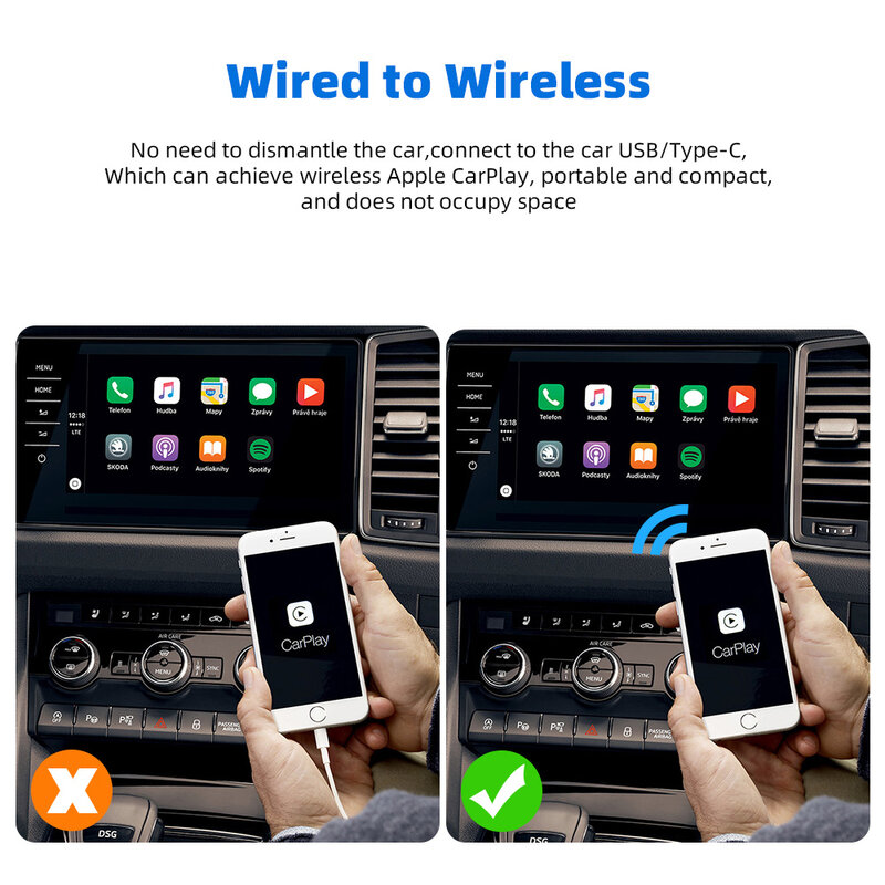 EKIY Mini caja de reproducción de coche con cable a Carplay inalámbrico adaptador automático de Android Smart Ai Box Bluetooth WiFi Spotify Connect enchufe USB inteligente