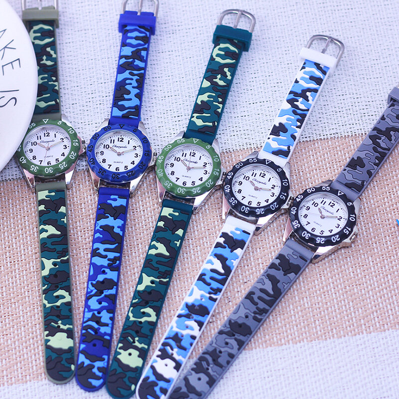 Chaoyada-멋진 실리콘 군사 위장 스트랩 쿼츠 시계 남아용 여학생용, 어린이 생일 기념일 선물 시계