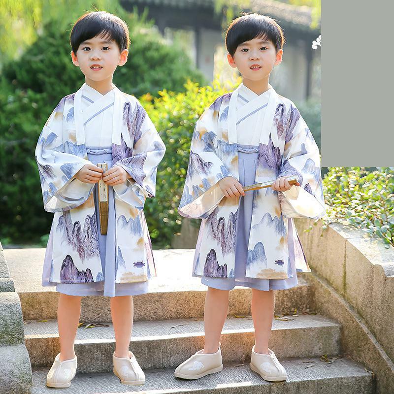 Lato chłopcy starożytny Hanfu z długim rękawem strój Tang krajobraz drukowanie dla dzieci dwuczęściowy zestaw bawełna dzieci wykonać kostiumy