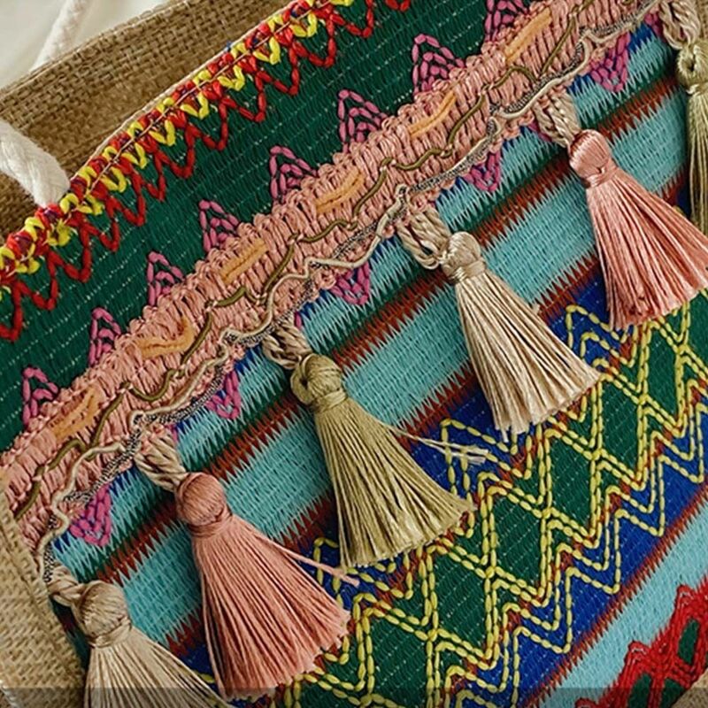 Female Retro Ethnic Shoulder Bag Women Exquisite Linen Tassels Tote Handbags Casual Leisure Travel Shopper Purse