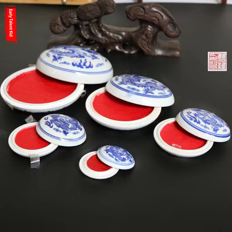 Inkpad cerâmico azul e branco da caligrafia de 6cm, inkpad do teste padrão da cor, caixa de tinta chinesa da pintura, inkpad vermelho da cor do cinabar, óleo de rícino
