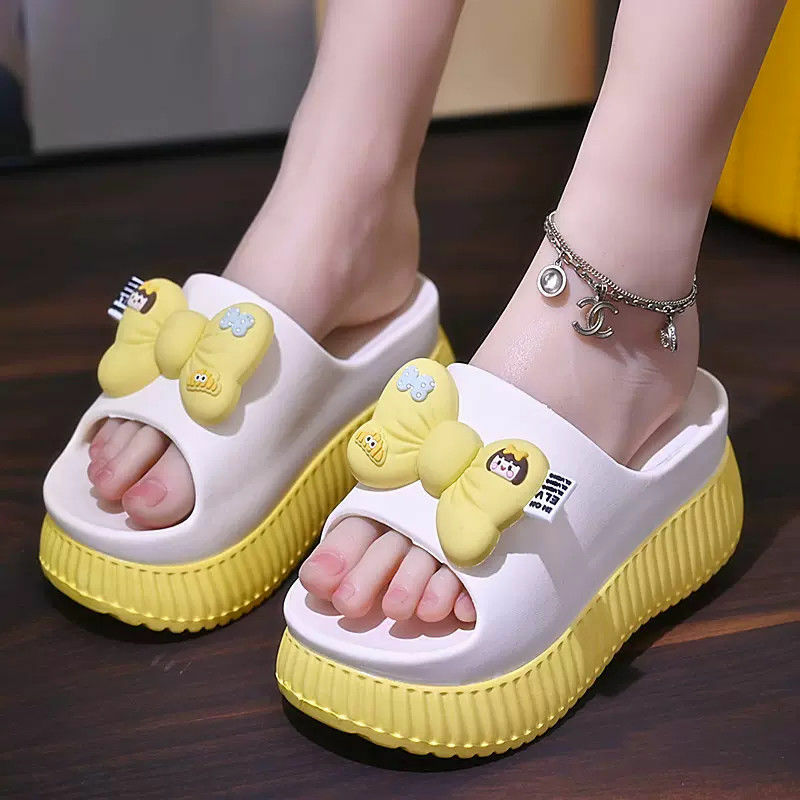New 2024 White EVA Slippers with High Platform Women's Anti-odor Outdoor Slides Shoes Girls Cute Butterfly Knot elevator Shoes
