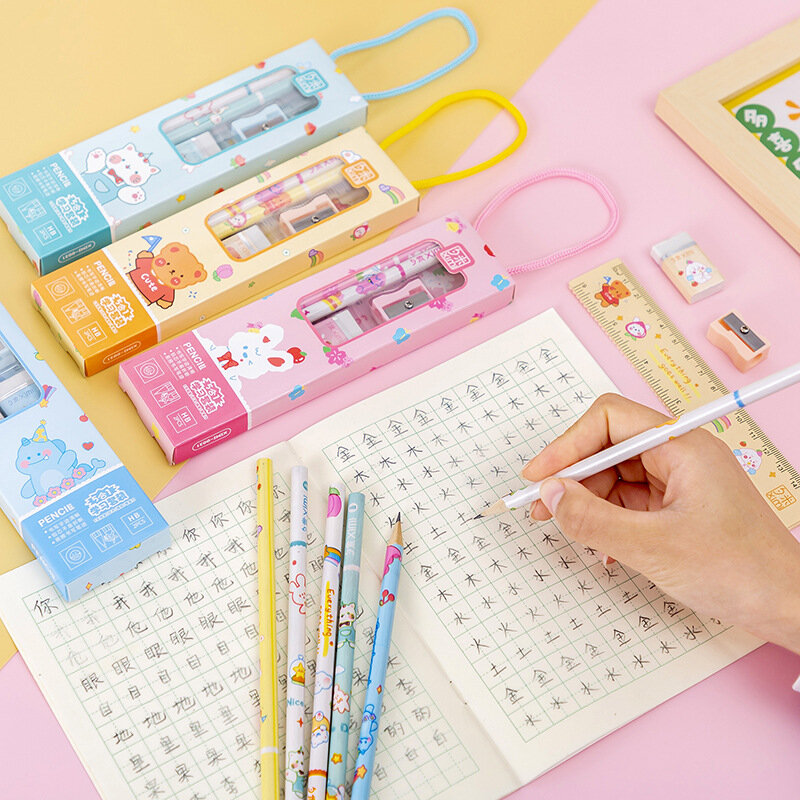 8Sets Portable Stationery Set Animal Cartoon Pencil Cute Ruler Children Pencil Sharpener Student Eraser School Supplies Gifts