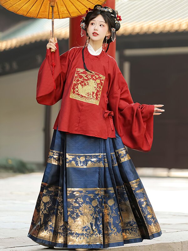 Vestido hanfu feminino com gola redonda, estilo original chinês, saia dourada de rosto de cavalo, estilo diário de deslocamento, dinastia Ming