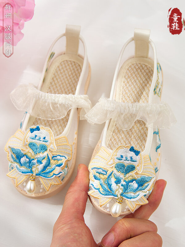 Zapatos de disfraz chino Han para niños, zapatos de estilo antiguo, zapatos bordados antiguos para niñas, estilo chino, Verano