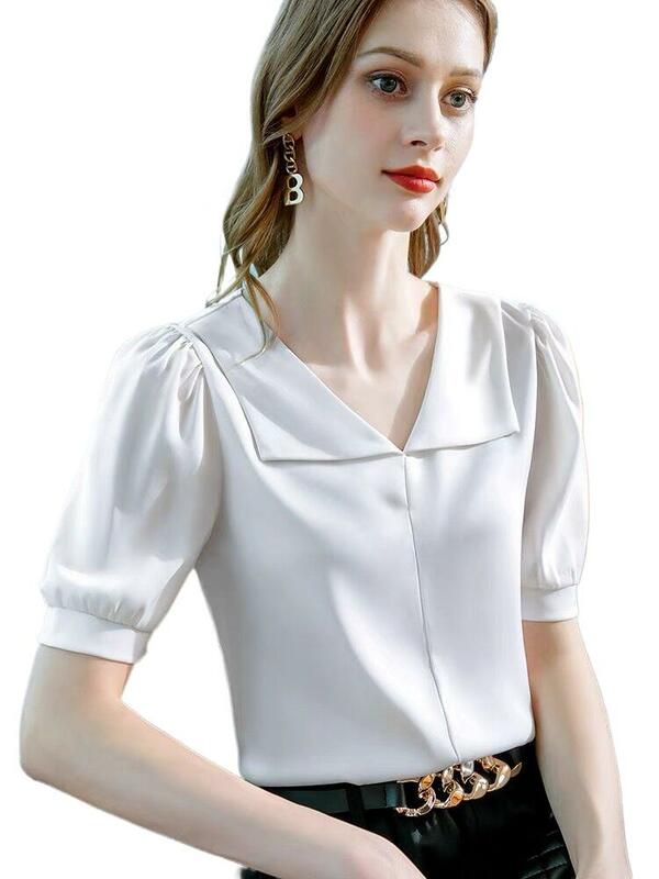 5XL 6XL vinatge blouse Spring Elegant Office Puff half Sleeve satin Shirt Fashion Simple Sweet Doll Collar White Ice Silk Top