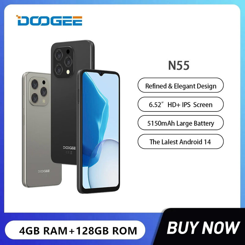DOOGEE N55 ponsel cerdas 6.56 inci 4G, ponsel pintar Octa Core ultra-tipis 4GB + 128GB Android 14 5150mAh Buka kunci wajah OTG versi Global