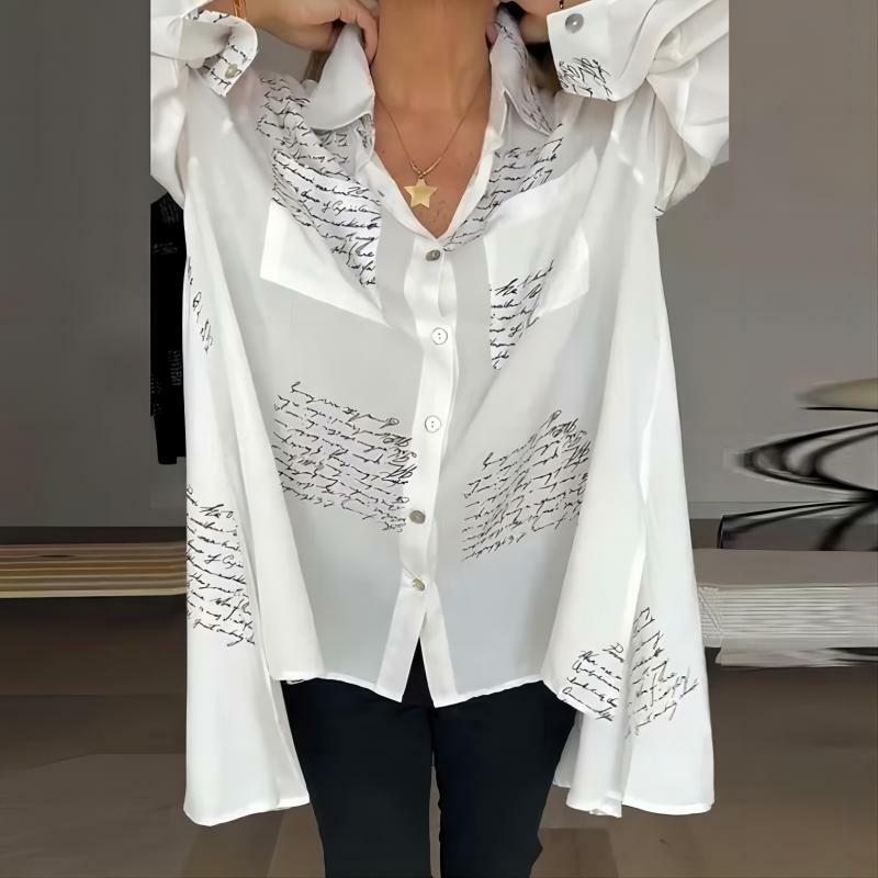 Letter Print Fashion Lapel Shirt Blouses Women Spring Summer 2024 Vintage Swallowtail Shirt Long Sleeve Loose Irregular Tops