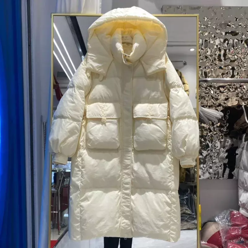 Jaket Down wanita, mantel serbaguna bertudung hangat tebal longgar parka versi panjang sedang musim dingin 2024