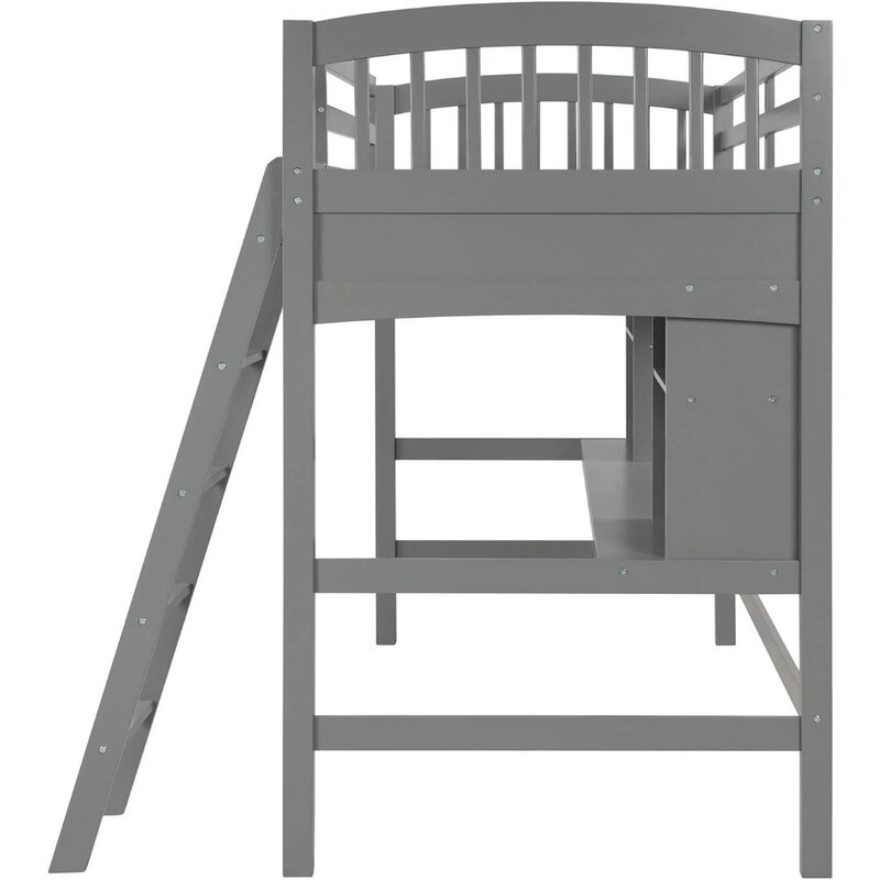 Children Bed, Twin Loft Bed with Desk, Solid Wood Twin Size Loft Bed Frame with Shelves, Children Bed