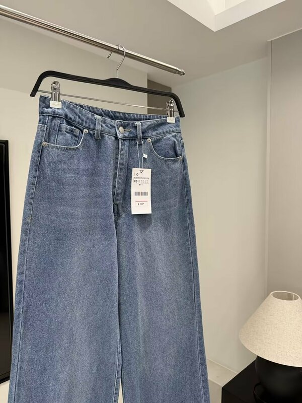 กางเกงยีนส์ขาบานเอวสูงสไตล์ลำลองมีกระเป๋าข้างย้อนยุคสำหรับผู้หญิง22กางเกงยีนส์