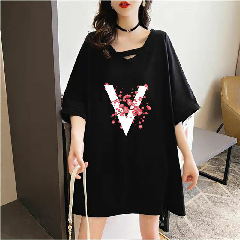 Fashion Loose Printed Letter Asymmetrical T-Shirts Female Clothing 2024 Summer New Oversized Casual Tops Irregular Tee Shirt
