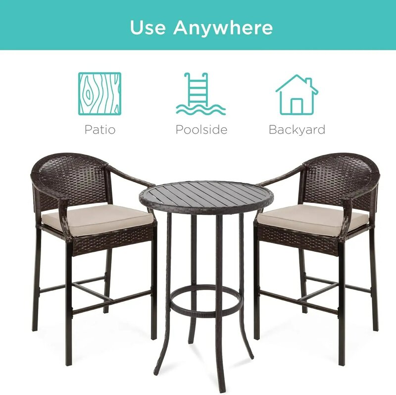 3-Piece Patio Bar Table Set, Outdoor Wicker Bar Height Bistro Furniture for Backyard, Poolside, Balcony w/Barstools, Cushions