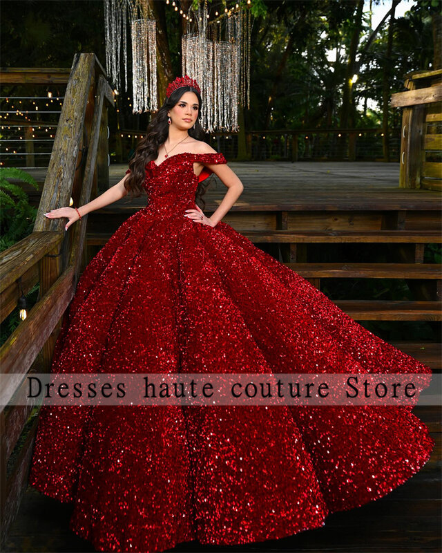 Błyszczące czerwone cekiny Sweetheart Quinceanera sukienki suknia balowa 2024 Off ramię słodka 16 sukienka gorset Vestido de de debiutant 15 anos